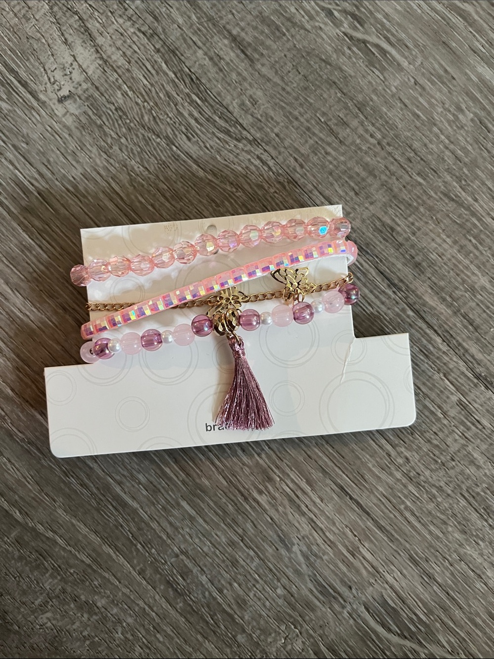 Girls Pink Beaded Bracelet Stack with Tassel Charm